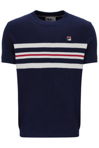 Navy blue t-shirt with white and red stripes and Fila logo on a white background