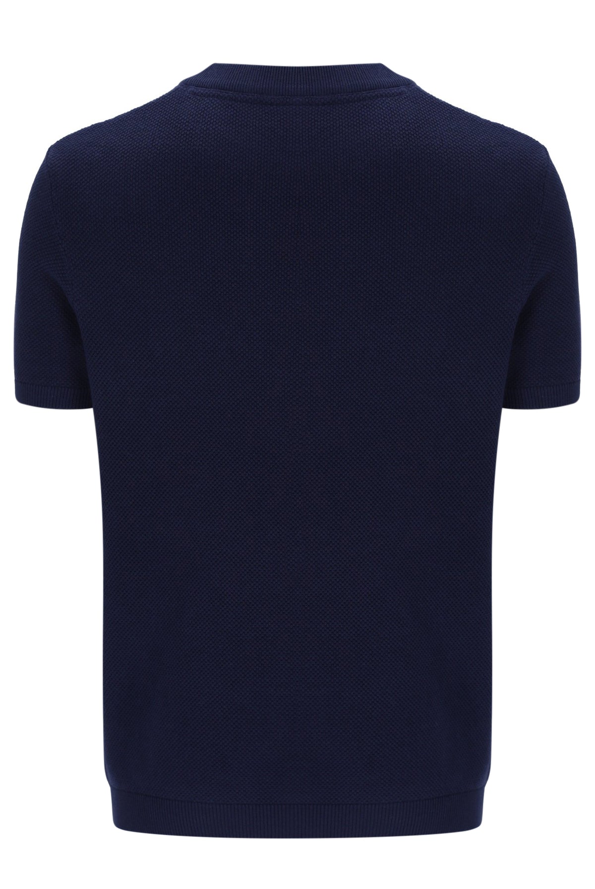 Man wearing a Navy blue t-shirt with white and red stripes and Fila logo with matching joggers on a white background