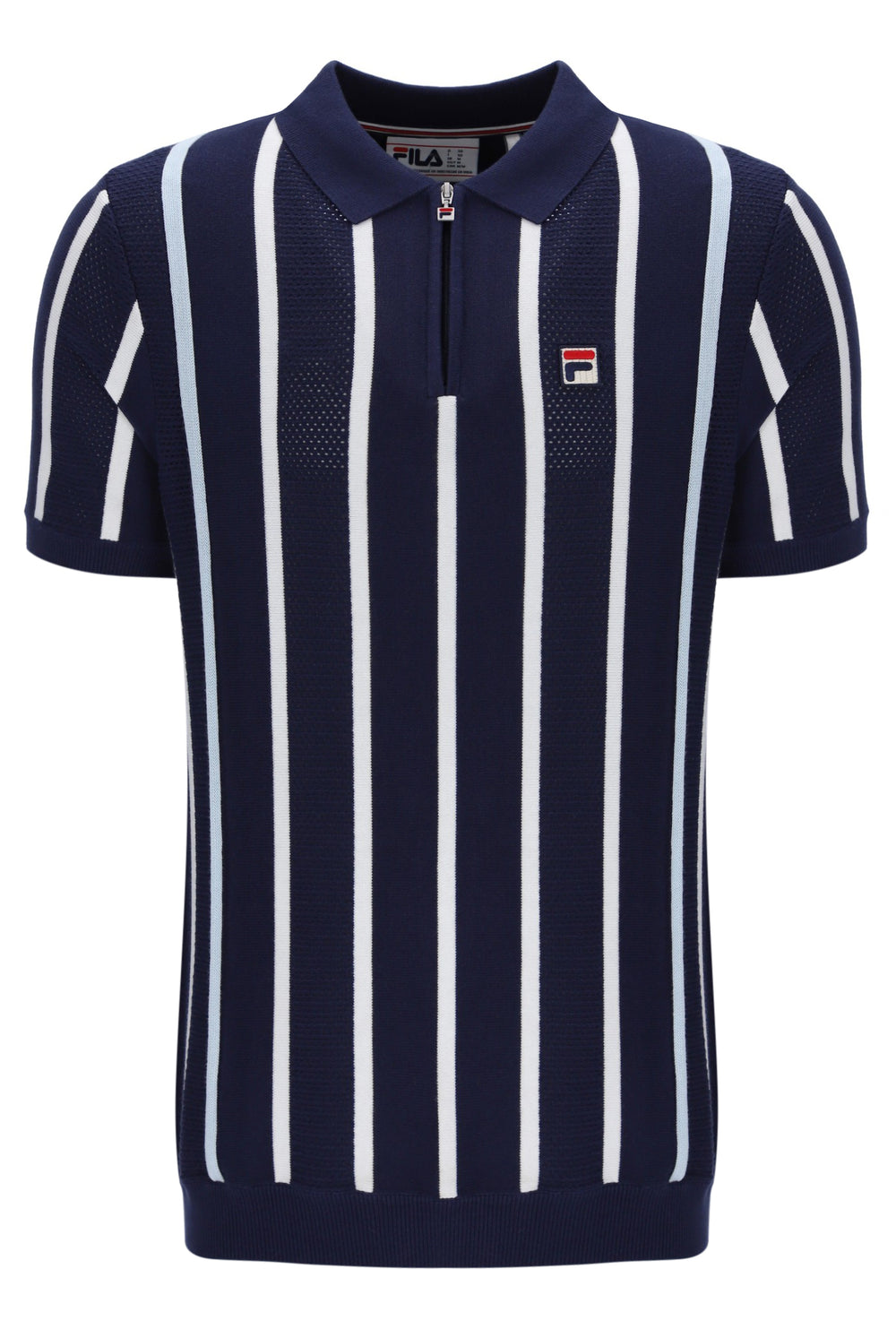 Navy and white striped polo shirt with Fila logo on a white background