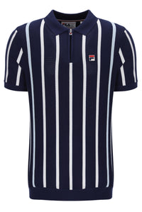 Navy and white striped polo shirt with Fila logo on a white background