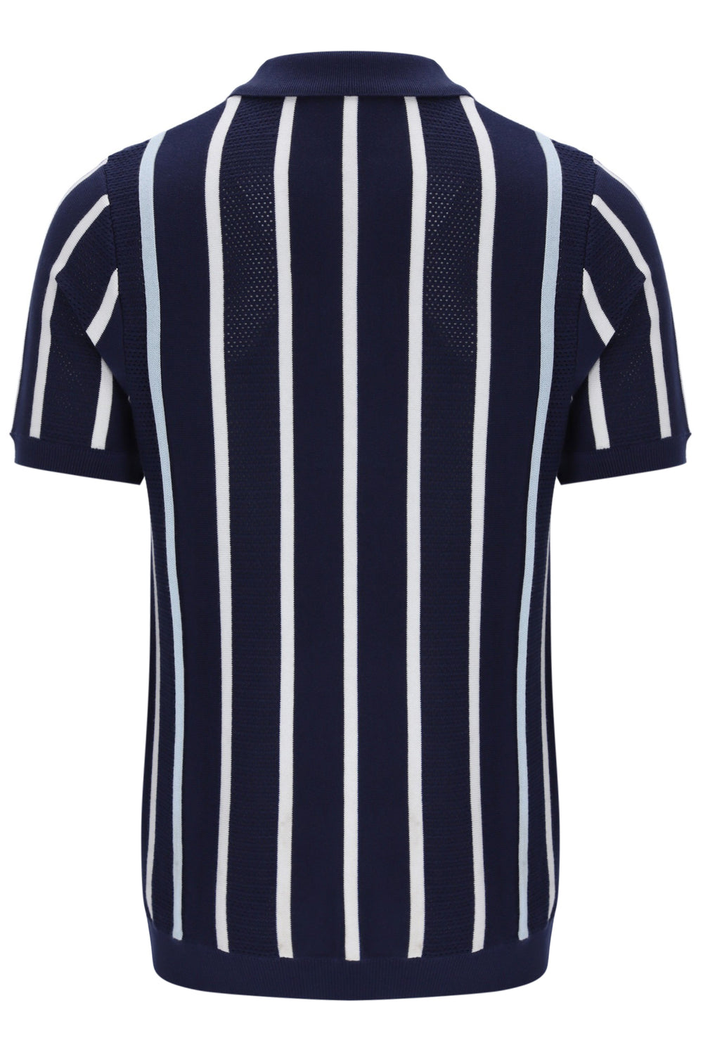 Navy and white striped polo shirt on a white background