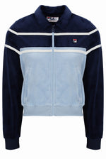 Navy and light blue jacket with white stripes and Fila logo on a white background