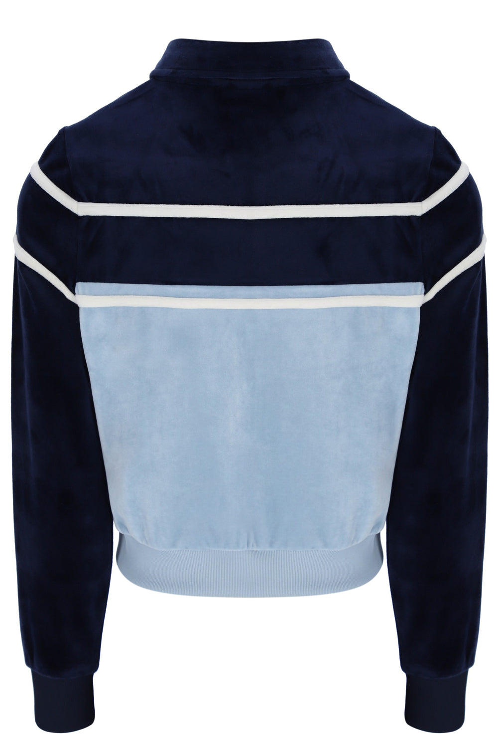 Navy blue jacket with light blue panel and white stripes on a white background