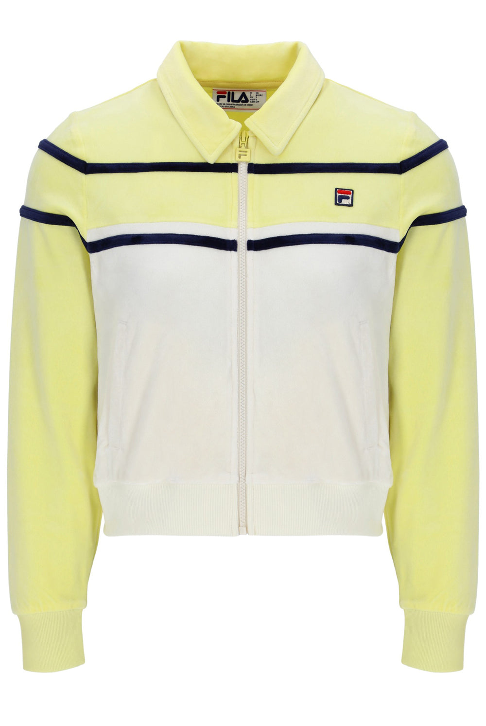 Yellow and white jacket with a visible Fila logo on a white background