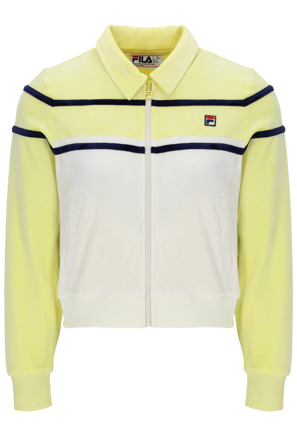 Yellow and white jacket with a visible Fila logo on a white background