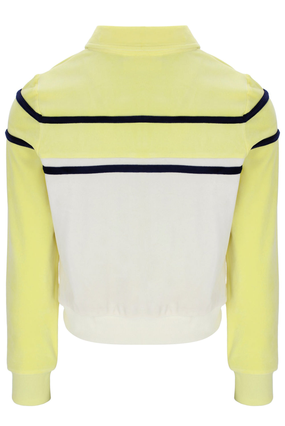 Yellow and white jacket with black trim on a white background