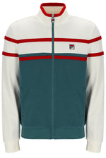 Colour-blocked jacket with red and green accents on a white background