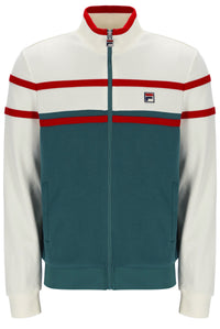 Colour-blocked jacket with red and green accents on a white background