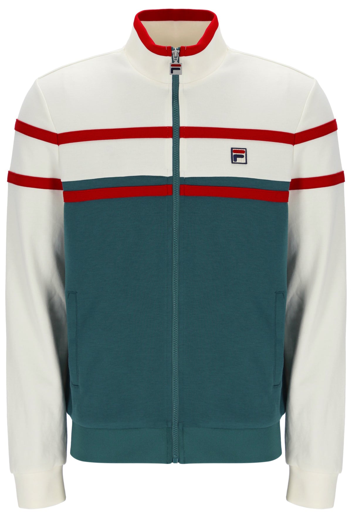 Colour-blocked jacket with red and green accents on a white background