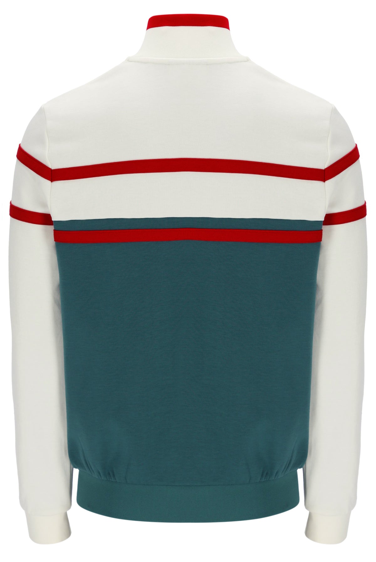 Back view of a jacket with white sleeves, red stripes, and a teal back panel on a white background.