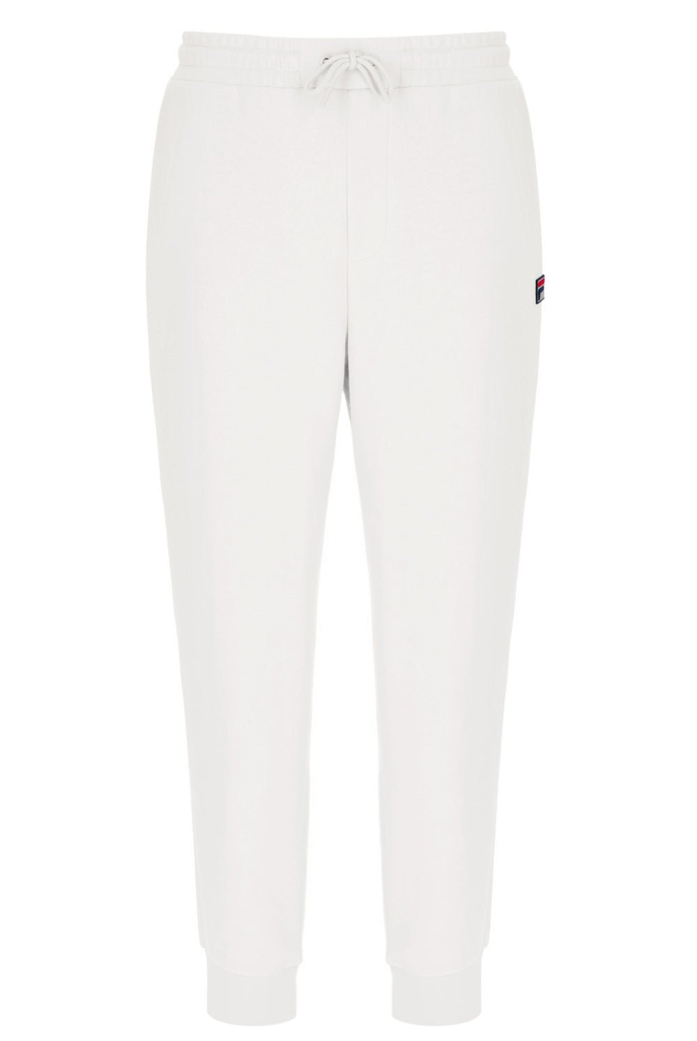 White jogger pants with a small FILA logo on a white background