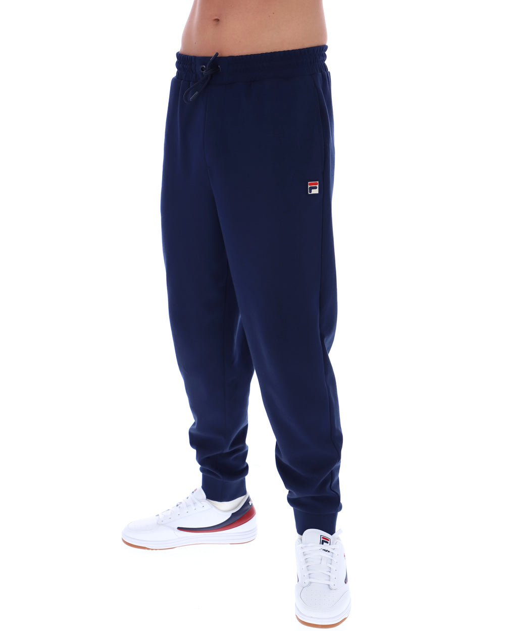 Navy blue sweatpants with a brand logo on a white background
