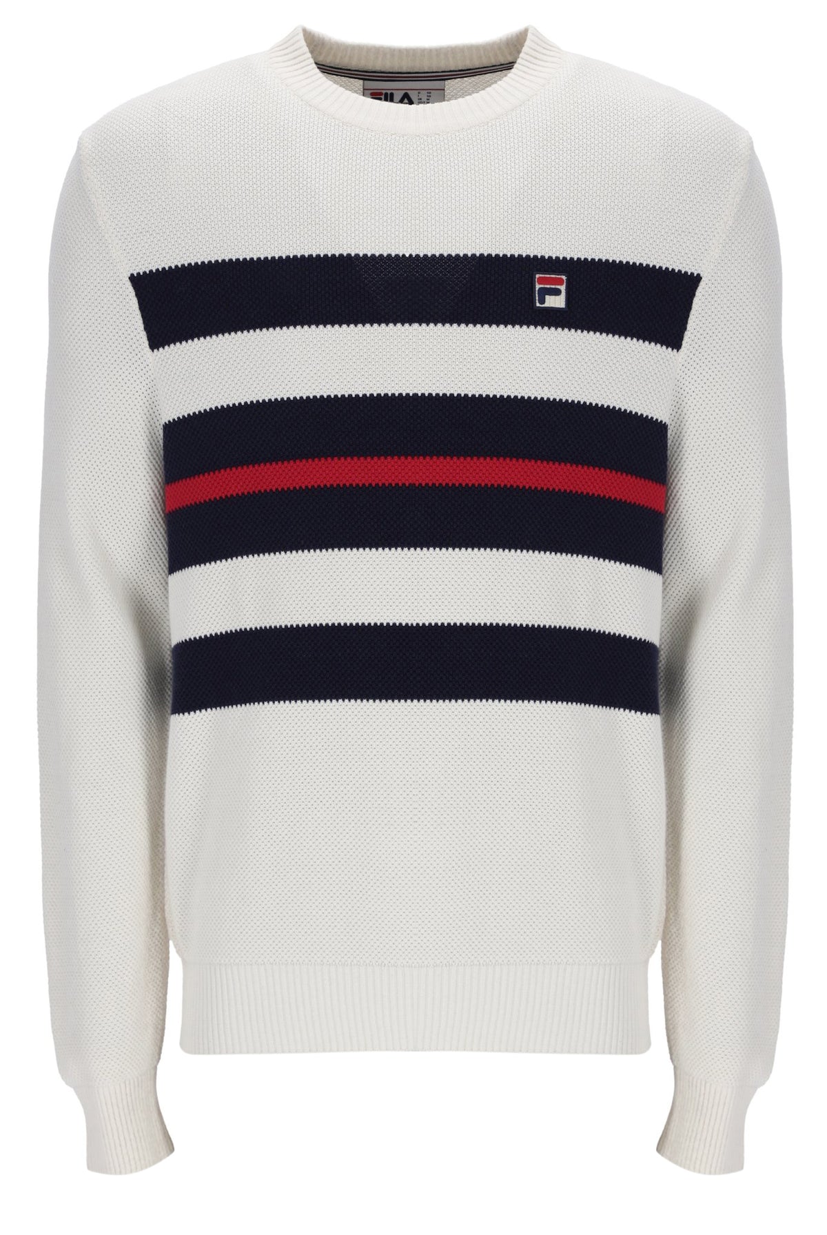 Displays the Gardenia 'FILA' branded Giuseppe Mesh Stripe Knitted Crew Neck