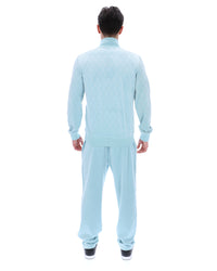 Person wearing a light blue jumpsuit on a white background