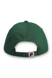 The back view of a dark green baseball cap with an adjustable strap and a small Fila logo patch on the back, set against a plain white background.