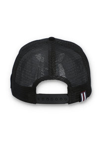 Displays the Black 'FILA' branded Hazza Large 1911 Embroidered Mesh-Back Cap