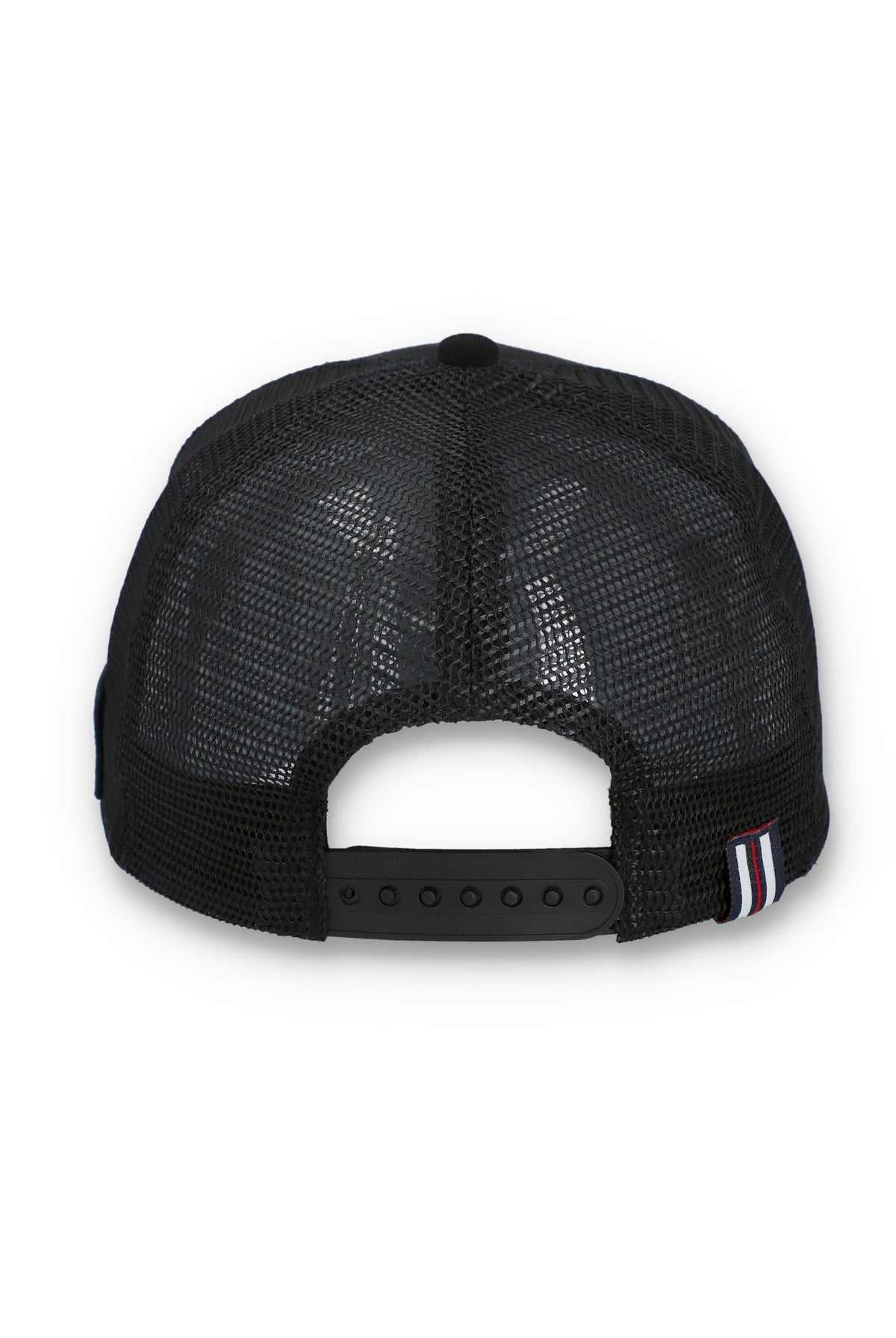 Displays the Black 'FILA' branded Hazza Large 1911 Embroidered Mesh-Back Cap
