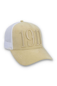 Displays the Classic Beige 'FILA' branded Hazza Large 1911 Embroidered Mesh-Back Cap