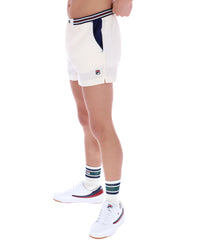 Person wearing white shorts with a brand logo on a white background