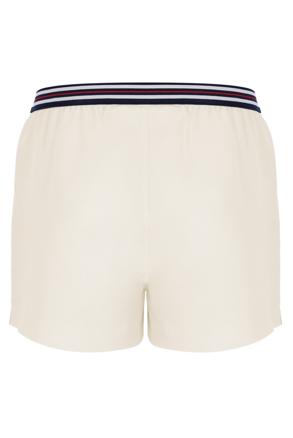 Beige shorts with a striped waistband on a white background