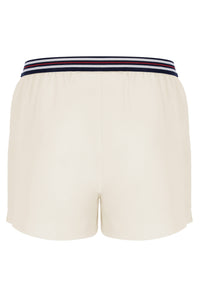 Beige shorts with a striped waistband on a white background