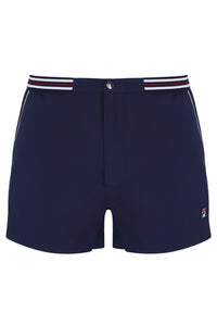 Navy blue shorts with a striped waistband on a white background