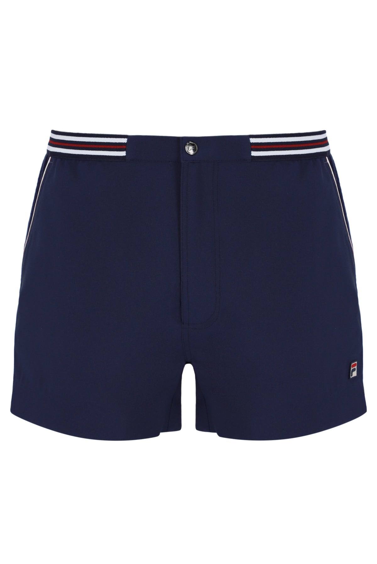 Navy blue shorts with a striped waistband on a white background