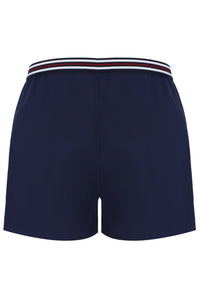 Navy blue shorts with a striped waistband on a white background