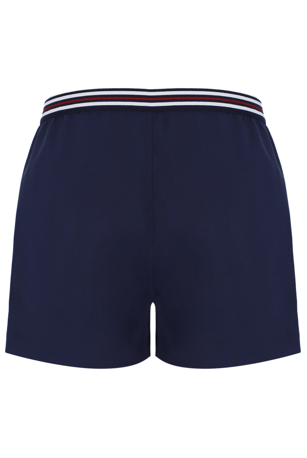 Navy blue shorts with a striped waistband on a white background