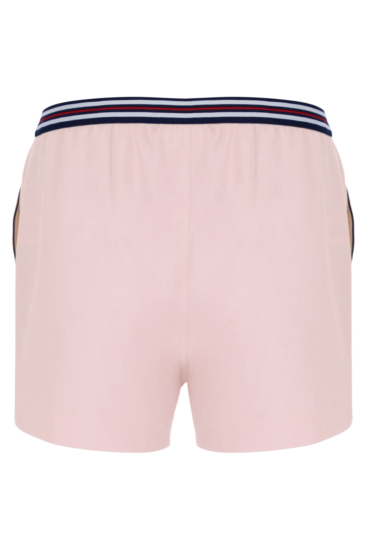 Pink shorts with a striped waistband on a white background