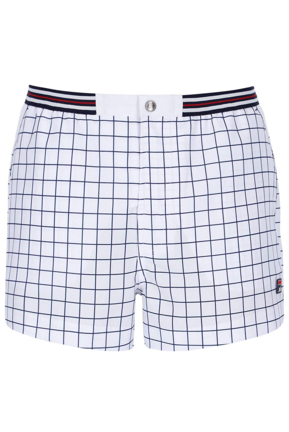 Grid-patterned shorts with a striped waistband on a white background