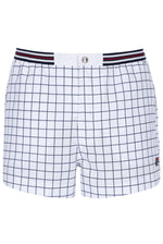 Grid-patterned shorts with a striped waistband on a white background