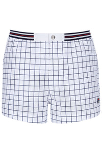 Grid-patterned shorts with a striped waistband on a white background