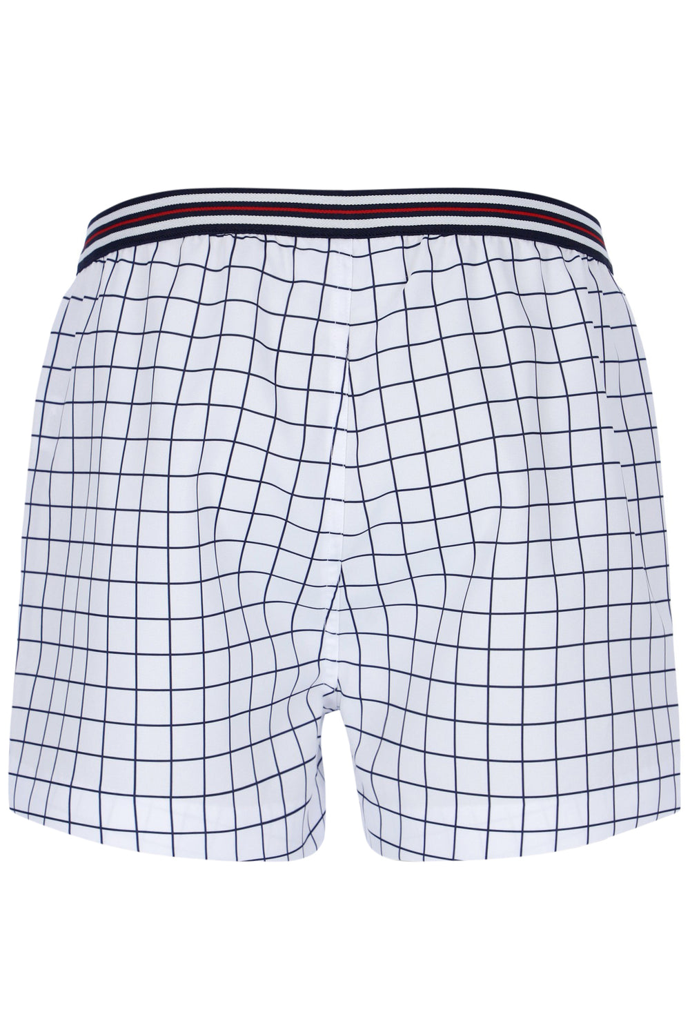 Grid-patterned shorts with a striped waistband on a white background
