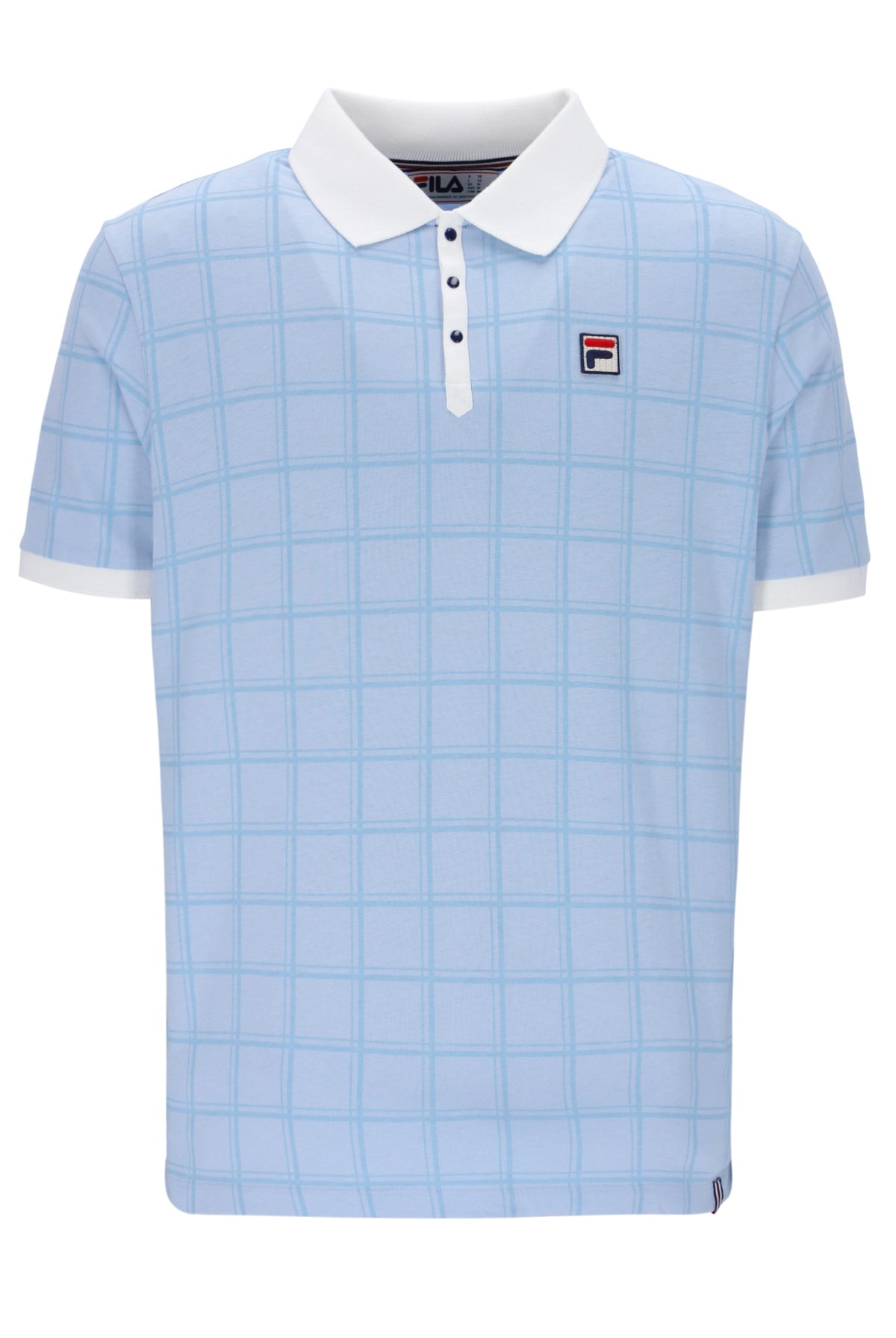 Light blue checkered polo shirt with white collar and brand logo on a white background