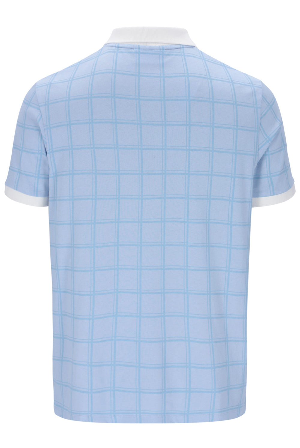 Light blue checkered polo shirt on a white background