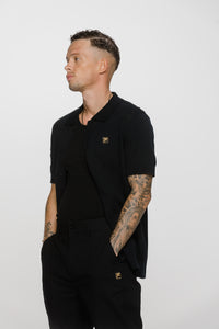 Black Walter Open Knit Pointelle Panel Polo