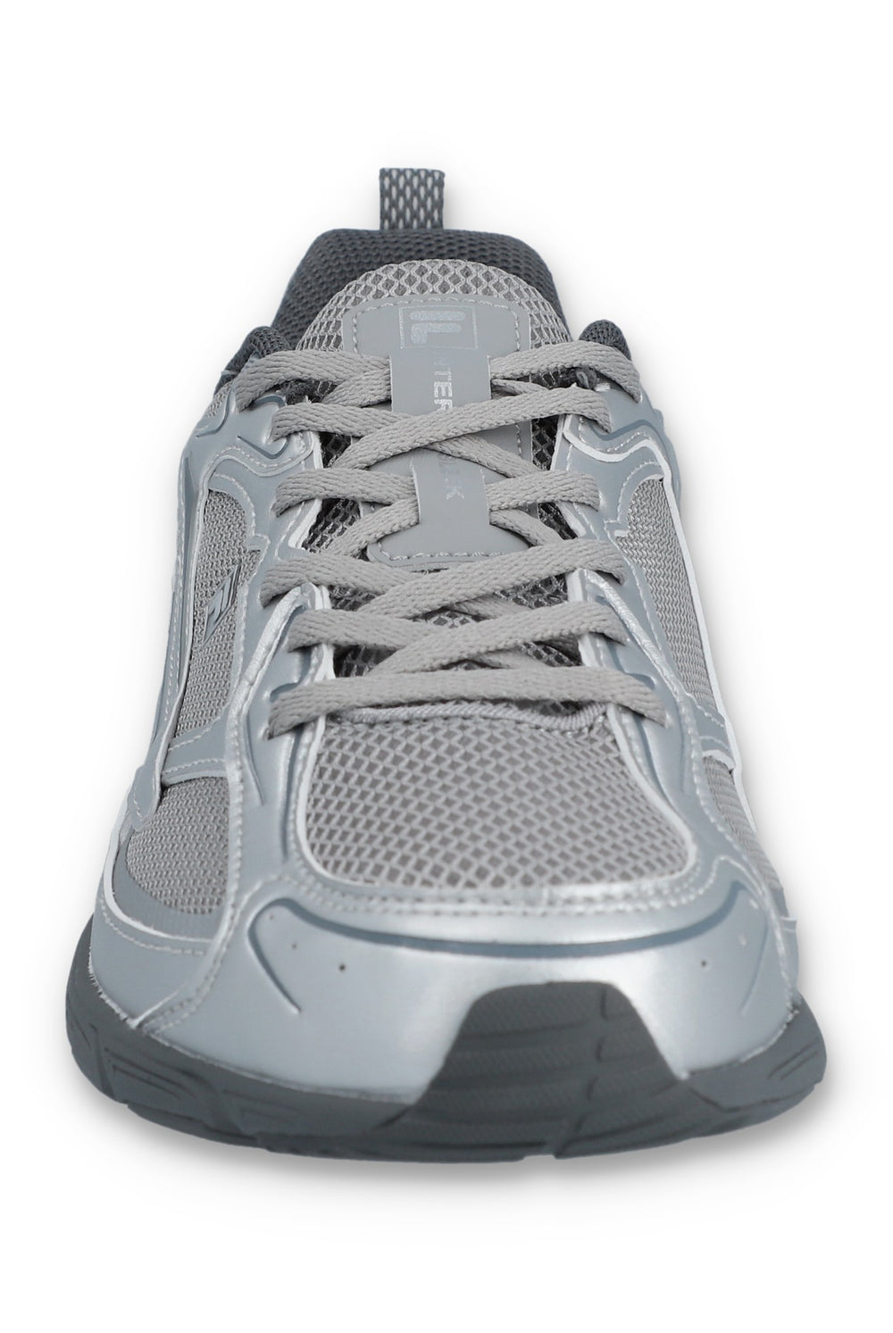 Gray athletic shoe with black sole on a white background