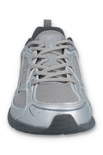 Gray athletic shoe with black sole on a white background