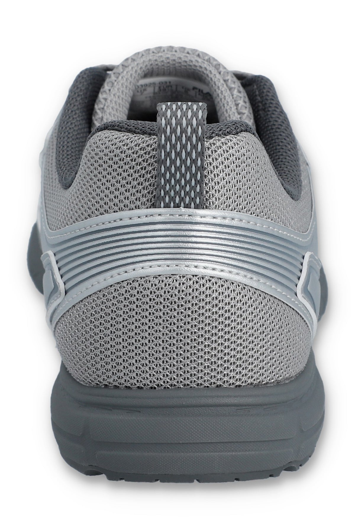 Gray athletic shoe with mesh design on a white background