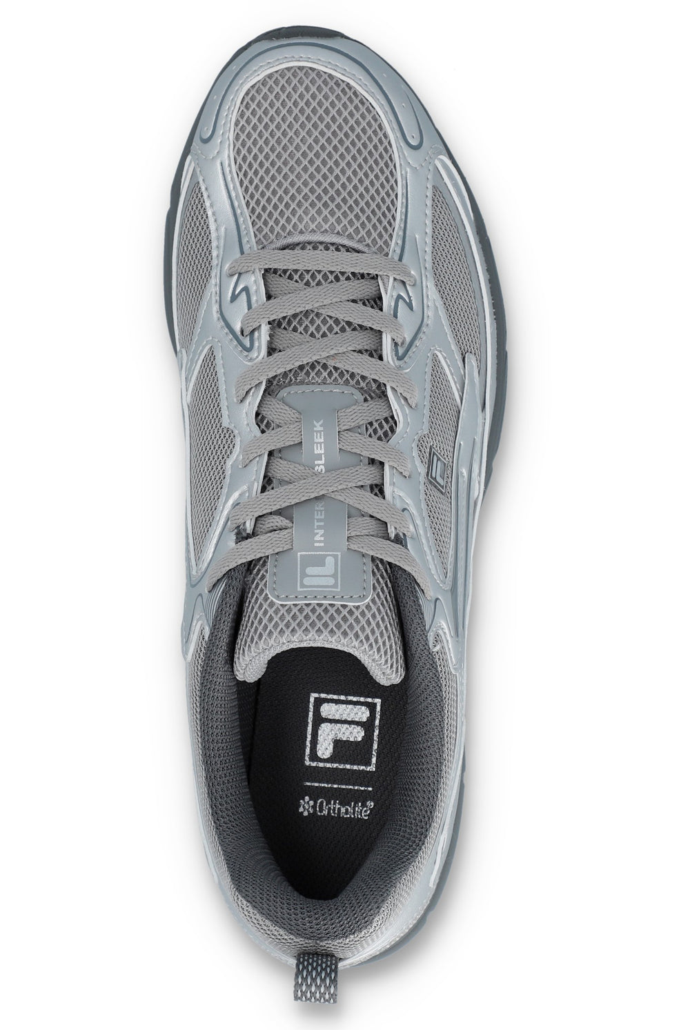 Gray athletic shoe with a visible brand logo on a white background