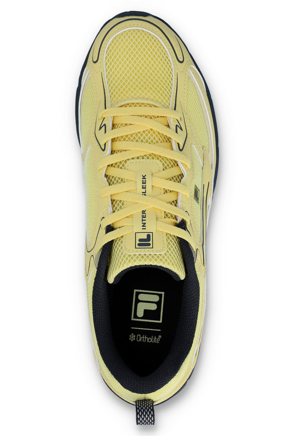 Yellow athletic shoe with black sole on a white background