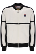 A FILA track jacket in off-white and black, featuring a full-zip front, ribbed collar, cuffs, and hem, with the FILA logo patch on the left chest.