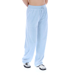 Light blue sweatpants worn by a person on a white background