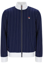 A navy blue pinstripe zip-up jacket with a white stand collar, white ribbed hem and cuffs, and a small red, white, and blue Fila logo on the chest.