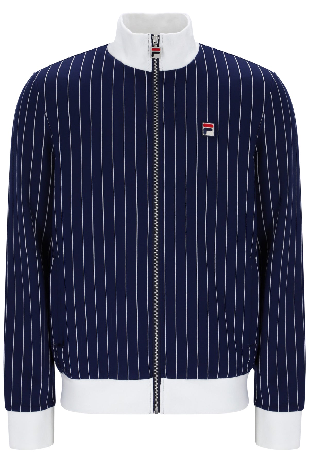 A navy blue pinstripe zip-up jacket with a white stand collar, white ribbed hem and cuffs, and a small red, white, and blue Fila logo on the chest.