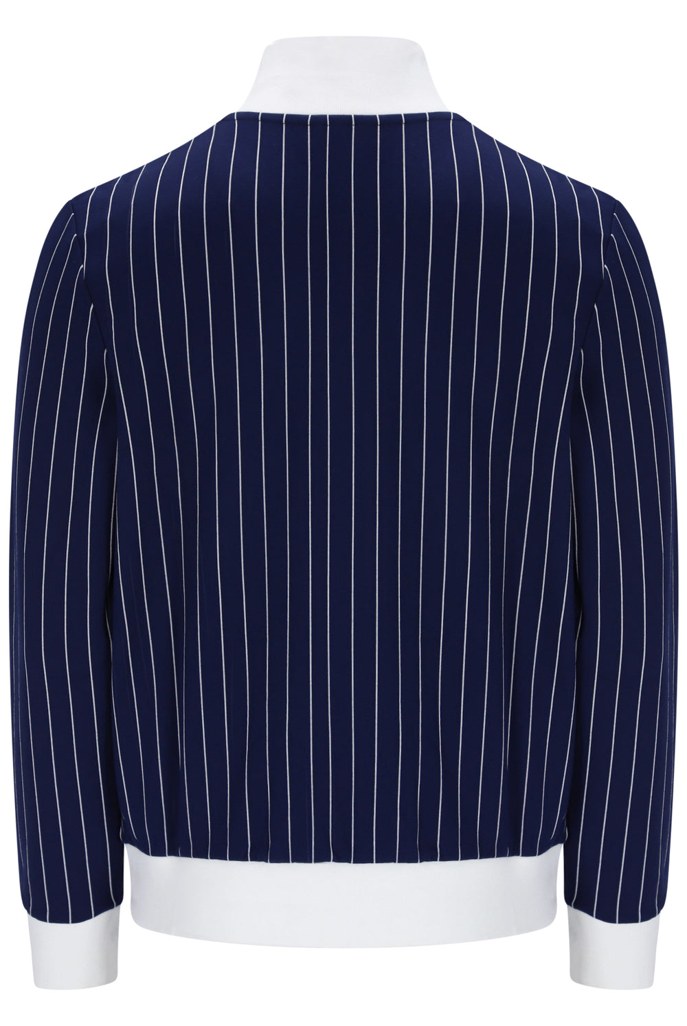 A navy blue pinstripe jacket with white vertical stripes, featuring a white collar, cuffs, and hem, displayed on a mannequin against a white background.