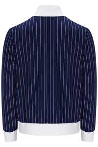 A navy blue pinstripe jacket with white vertical stripes, featuring a white collar, cuffs, and hem, displayed on a mannequin against a white background.
