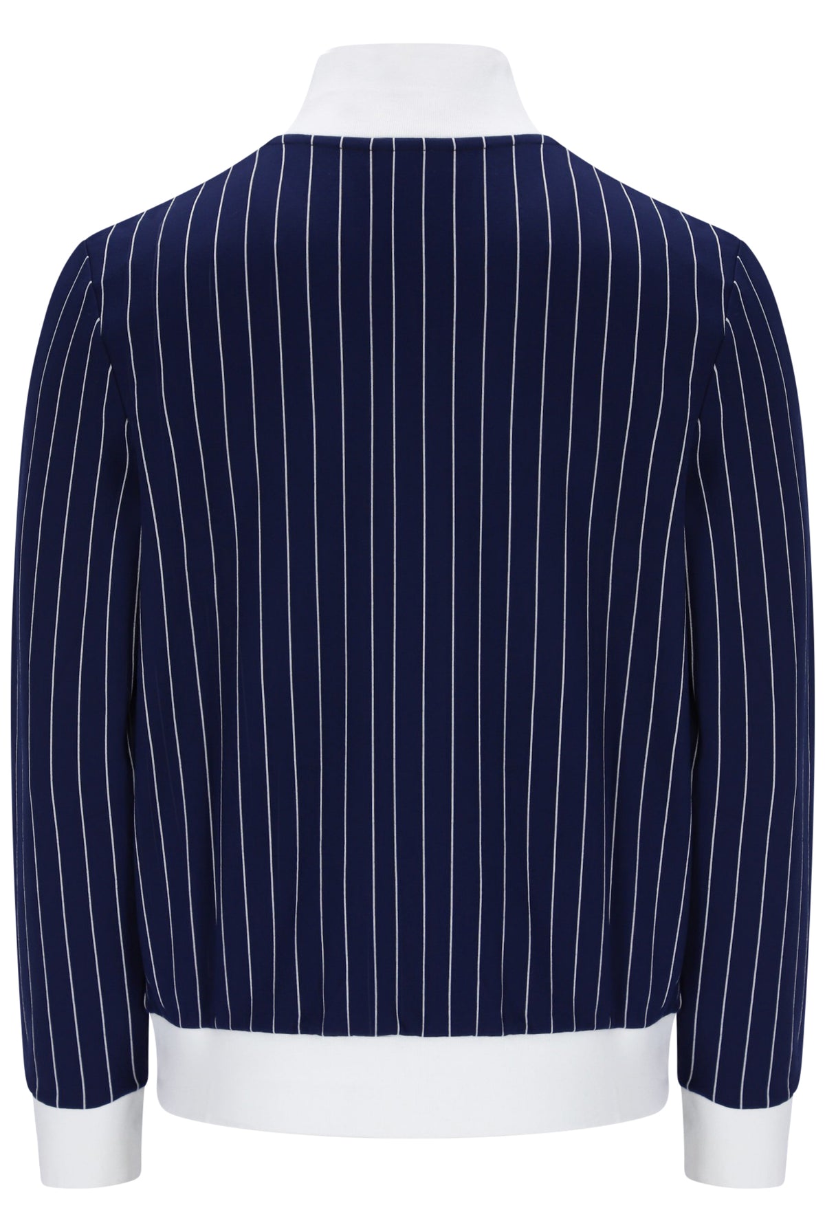 A navy blue pinstripe jacket with white vertical stripes, featuring a white collar, cuffs, and hem, displayed on a mannequin against a white background.
