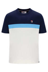 Displays the Navy & Azure Blue 'Fila' branded Gardenia Jakub Colourblock T-Shirt